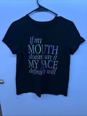 Wound Up Black Tee with Iridescent Pastel Text
